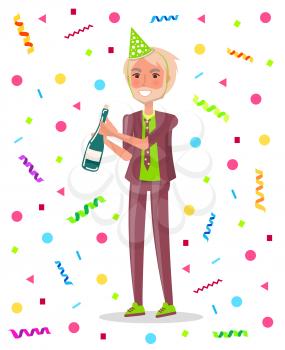 Man in suit and festive cap, with bottle of champagne in hands celebrate birthday party. Vector male cartoon character on background of bursting confetti