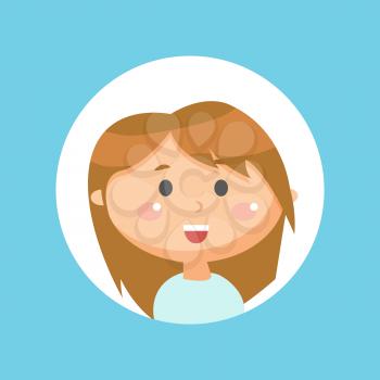 Child smiling vector, cute girl showing excitement on face. Childhood emotions, circle frame isolated kid. Portrait of schoolgirl, young teenager