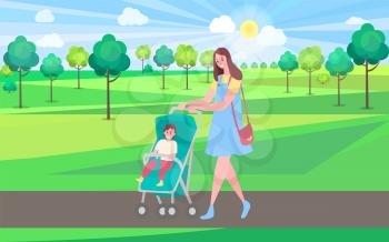 Mother and kid in park, woman walking with pram and baby. Toddler and mom having good time outdoors, fresh air and greenery of nature, trees. Website or webpage template, landing page flat style