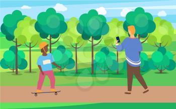 Child wearing helmet standing on skateboard, man going with phone, people activity in park, trees and cloudy sky, full length view of boys character vector