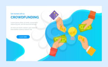 Crowdfunding project with hands giving money on new startup. Businesspeople investing money on charity, donation, bills and credit cards. Crowdfund innovations in tech and design before mainstream