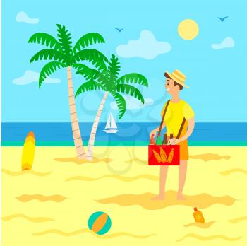 Person selling soda beverage on beach, summertime vacation and relaxation. Palm tree foliage, surfing board and sun lotion, ball for games, sailboat. Summer business on beach
