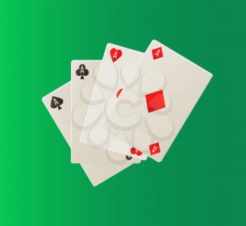 Deck of aces on green, collection of suits, playing cards in flat design style, gambling and joker icons, casino element, poker entertainment vector
