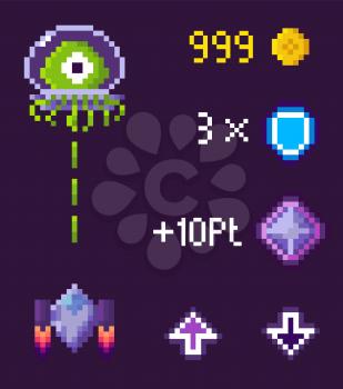 Ufo and spaceship shooting, coins and crystals, arrows symbols, purple video-game in pixelated style, rocket and monster battle, pixel game vector