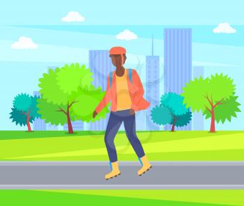 Boy rollerblading in casual clothes, man wearing helmet in city park, trees and buildings. Vector person character going in rollerblades, urban activity