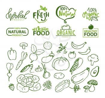 Vegetables and organic food logotypes vector, pepper and pumpkin, aubergine and avocado, banana and radish, cabbage with leaves sketches logo set, food stikers for vegetarian menu