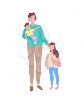 Mother and children vector, isolated woman walking with kids, son and daughter of mommy flat style. People strolling calmly, boy and girl with mom