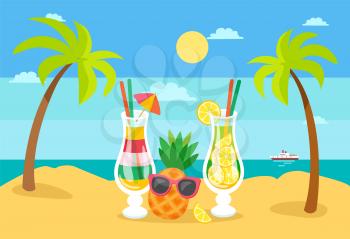 Palm trees with foliage on summer beach vector. Cocktails served with straws and umbrella, lemonade and alcoholic drink. Summertime vacation by seaside