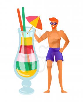 Summer vacation and partying vector, man with big cocktail. Beverage with layers, umbrella and straws, glass with alcoholic drink, shot for traveler