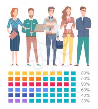 Percent report, colorful squares with numbers, people standing with papers and laptop, charts and graph presentation, flat geometric statistic vector