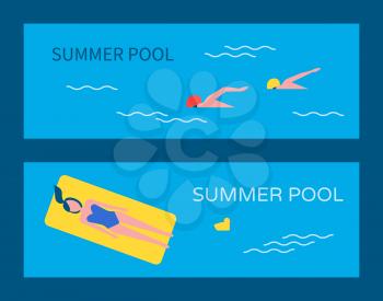 Summer pool posters set with text and people in water. Woman on yellow mattress, relaxing. Chicken toy in basin professional swimming swimmers vector