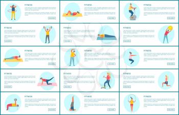 Fitness webpage set, strong people pumping muscles and lose weight, portrait view of people doing exercise, website of healthy lifestyle and sport vector