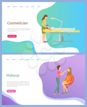 Cosmetician and makeup screen of website, spa procedures with face of client lying on table. Master holding brush and making eyebrows for woman vector