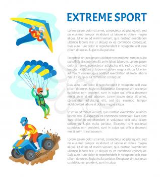 Extreme sports vector, people leading active lifestyle quad biking and skydiving poster with text sample. Adrenaline gaining, hobbies of men at sky