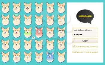 Log in page and dog sickers messenger kakao talk app vector. Corgi emoji, mobile Korean app, texting and chat service, interface element, account entering
