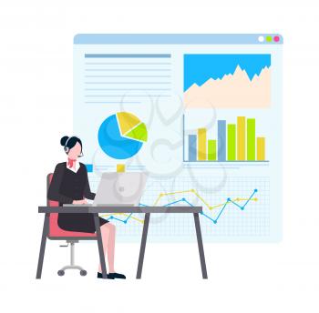 Visual information on whiteboard vector, woman working on laptop wearing headset. Person with headphones looking at computer monitor, info analyze