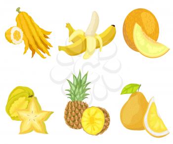 Exotic lush fruits of yellow color vector, set of isolated banana and citron, melon and pineapple with foliage, pear and carambola in shape of star