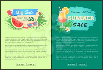 Big sale and discounts reduction of price vector banner. Juicy watermelon with sunglasses and tropical leaves, refreshing summer cocktail and flower