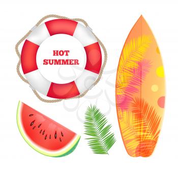 Hot summer banner, beach theme vector placard sample. Surfboard with palm leaf print, double color inflatable ring with rope and slice of watermelon