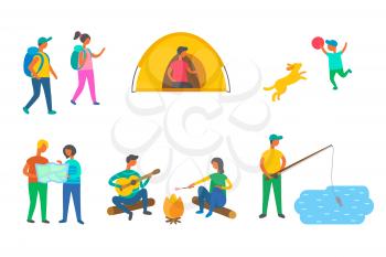 Camping equipment and tourists with backpacks and tent vector. Boy with dog, couple and map, campfire and guitar, marshmallow and fishing, outdoor activity