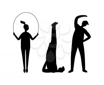 Fitness training and sport, people working out vector silhouettes. Jumping rope and candlestick exercise, bending over, men and women, healthy lifestyle