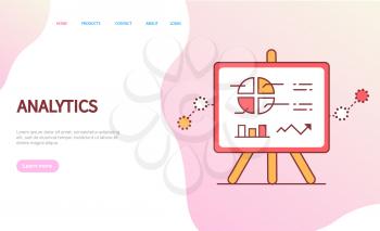 Data analytics page, board on stand decorated by circle diagram, chart and arrow. Flat style diagram on pink, web statistics, annual report vector