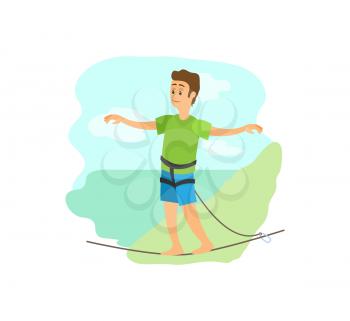 Highlining extreme sport poster, man in casual clothes going by rope, portrait view of smiling person balancing on line with insurance, mountain vector