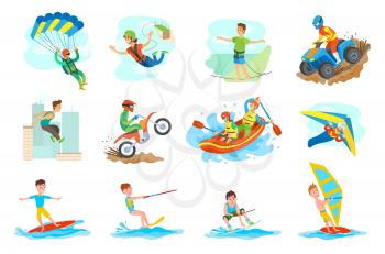 People leading active lifestyle vector, set of person. Parkour and windsurfing, hang gliding and skydiving, bungee jumping and highlining, rafting water