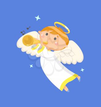 Wallpaper decorated by flying angel playing on trumpet, portrait view of boy with wings and nimbus, paper with stars and note, sound instrument vector