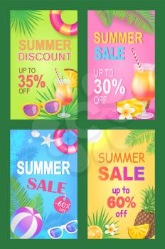 Summer discount reduction posters set vector. Seasonal proposition and sales of lifebuoy, sunglasses,,  and inflatable balls. Pineapples and cocktail