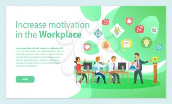 Worker standing with poster near award, people working with computers and discussing successful strategy. Green web page, increase motivation vector