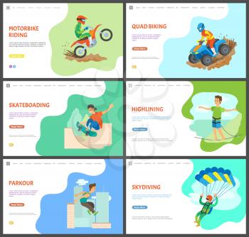 Person with active lifestyle vector, motorbike and quad biking activity of man, skydiving and skateboarding. Highlining male balancing on line. Website or webpage template, landing page flat style