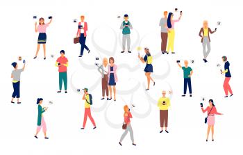 People holding smartphones in hands vector, set of man and woman. Mobile phone, selfies and listening to music, applications for connection, wifi