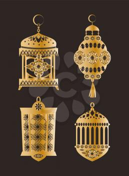 Gold shiny oriental lanterns with patterns. Elegant oil lamps that has ornament golden silhouettes isolated vector illustrations on black background.