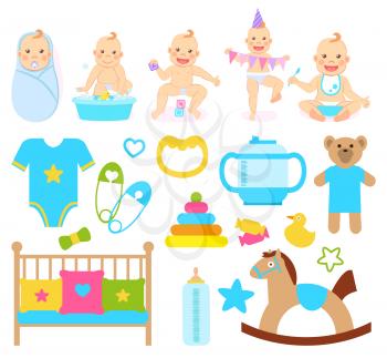 Children showing emotions vector, clothes for boy, pins with hearts, plush bear and horse with wooden stand. Duck and clothing, crib and milk bottle