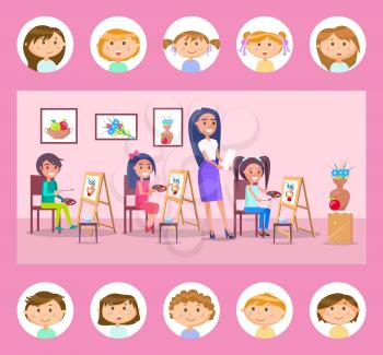 Students drawing on canvas vector, lessons at school. Art classes, pupils with pallets of gouache looking at vase with flowers and fruit, teacher with task