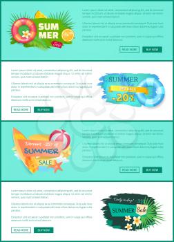 Summer sale offers set of poster with text sample. Lifeline and lifebuoy with flowers and tropical leaves. Surfboard and game ball propositions vector