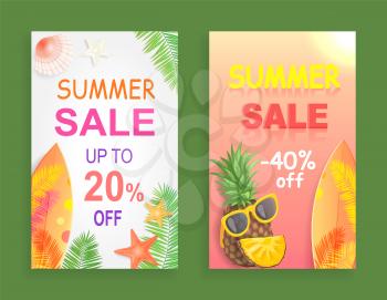 Summer sale reduction off price set of promotional posters vector. Surfboard and starfish, palm tree leaves and pineapple with sunglasses,,  accessory