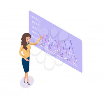 Businesswoman giving presentation vector. Board with infographics and infocharts, flowcharts with information about project, explanation of presenter