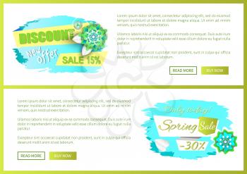 Promo price, web page template, tag and blooming plant, vector. Spring sale discount, best offer promotion leaflets with text sample and push buttons