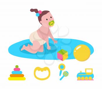 Newborn crawling on mat, daughter joying with toys, cube and ball, colorful beanbag. Side view of baby with nipple and diaper sitting on play rug vector