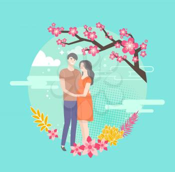 Sakura blossom and hugging young people in love. Vector blooming spring flowers and male and woman happy dating couple in round circle on blue skies