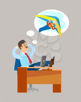 Man sitting at table and dreaming about extreme flying sport, hang gliding activity. Work place table and laptop, worker in suit and tourism mind vector