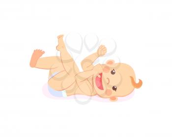 Baby in diaper with finger in mouth isolated cartoon character. Vector newborn milestones, infant lying on back, cartoon boy or girl toddler stares at face