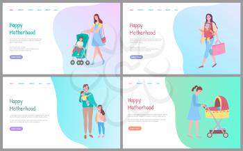 Happy motherhood vector, woman walking with kid sitting in perambulator, mother and child. Care for children, mom and pram, daughter and woman. Website or webpage template, landing page flat style
