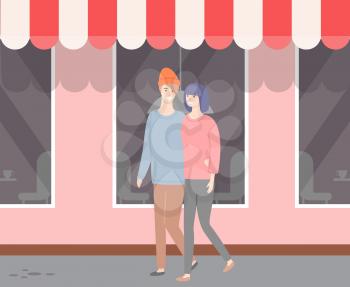 Man and woman walking slowly vector, street of city, couple enjoying time together, wife and husband affectionate people in love passing store window