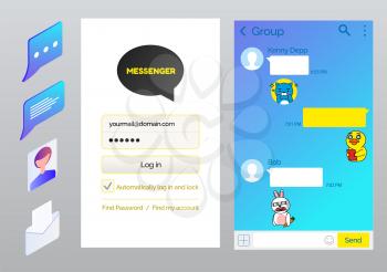 Korean messenger interface set vector, login form with password. Chatting page with text and stickers, user and boxes, social network for teenagers