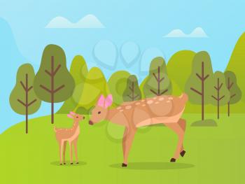 Green forest with trees and hills vector, deer baby and adult mother caring for kid. Countryside area for animals to live fully, Ecological environment