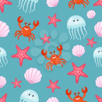Seamless pattern made of aquatic animals vector, crab and jellyfish, seashell and starfish. Seastar and wild marine creature with funny faces on blue