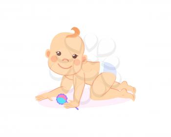 Milestones baby of six or seven month standing on knees with rattle in hands isolated infant in diaper. Vector newborn toddler boy or girl with toy